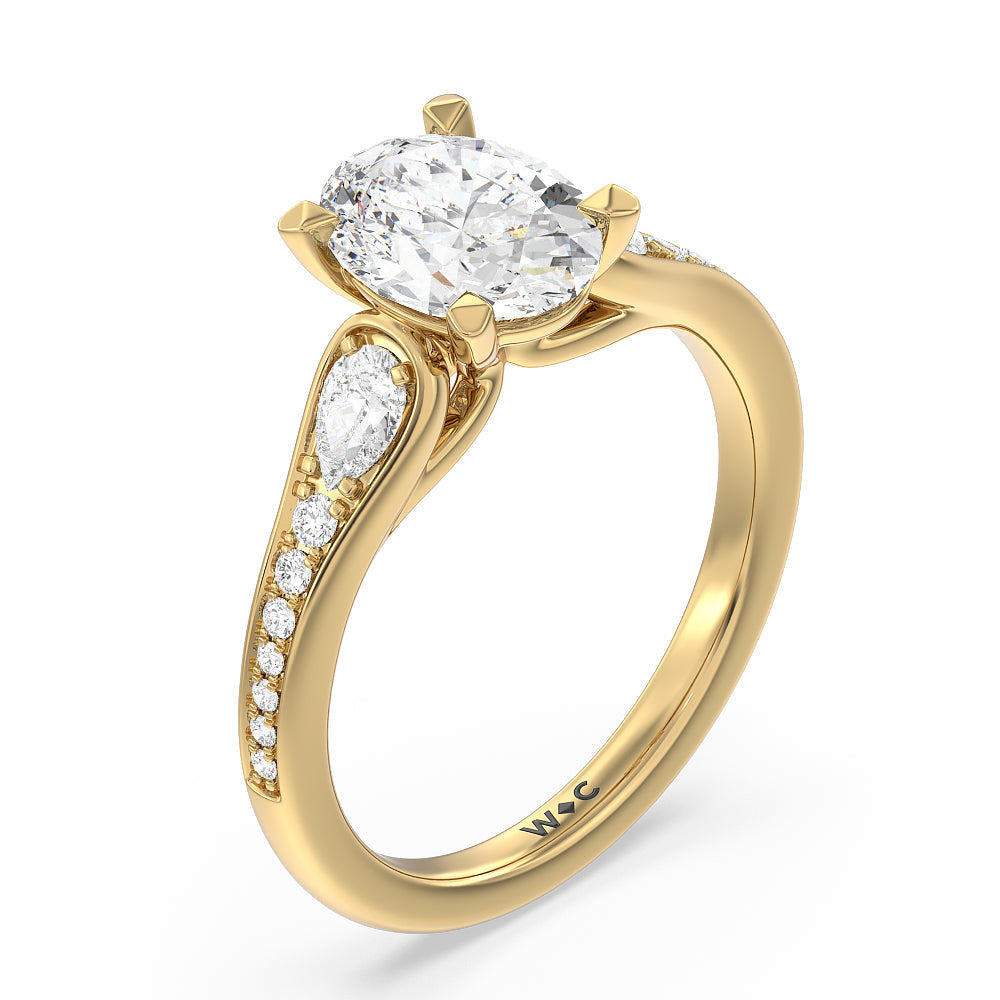 Three-Stone Pave Diamond Engagement Ring with Oval Cut Diamond in 14KT Yellow Gold view 3
