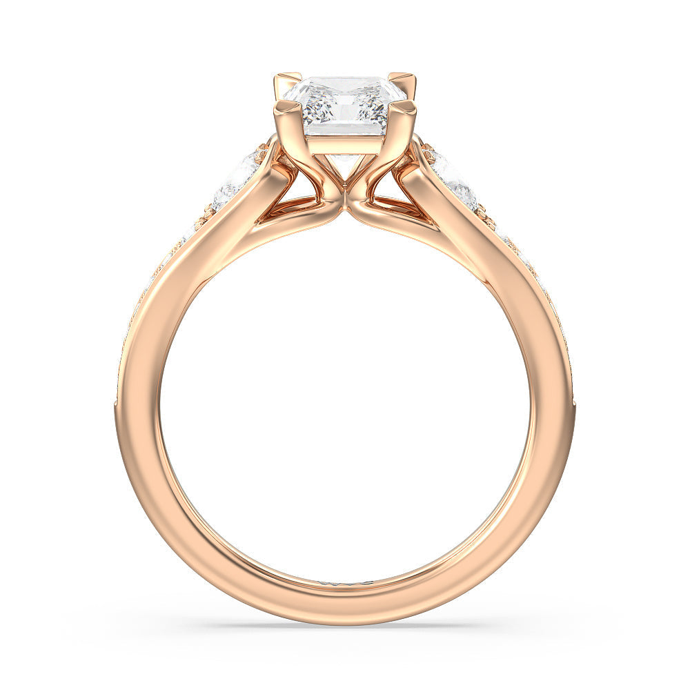 Three-Stone Pave Diamond Engagement Ring with Radiant Cut Diamond in 14KT Rose Gold view 2

