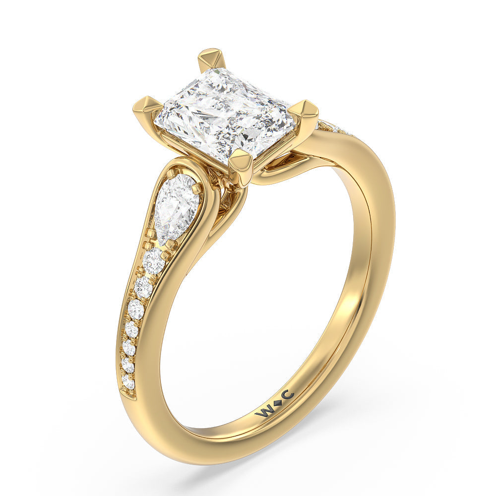 Three-Stone Pave Diamond Engagement Ring with Radiant Cut Diamond in 14KT Yellow Gold view 3
