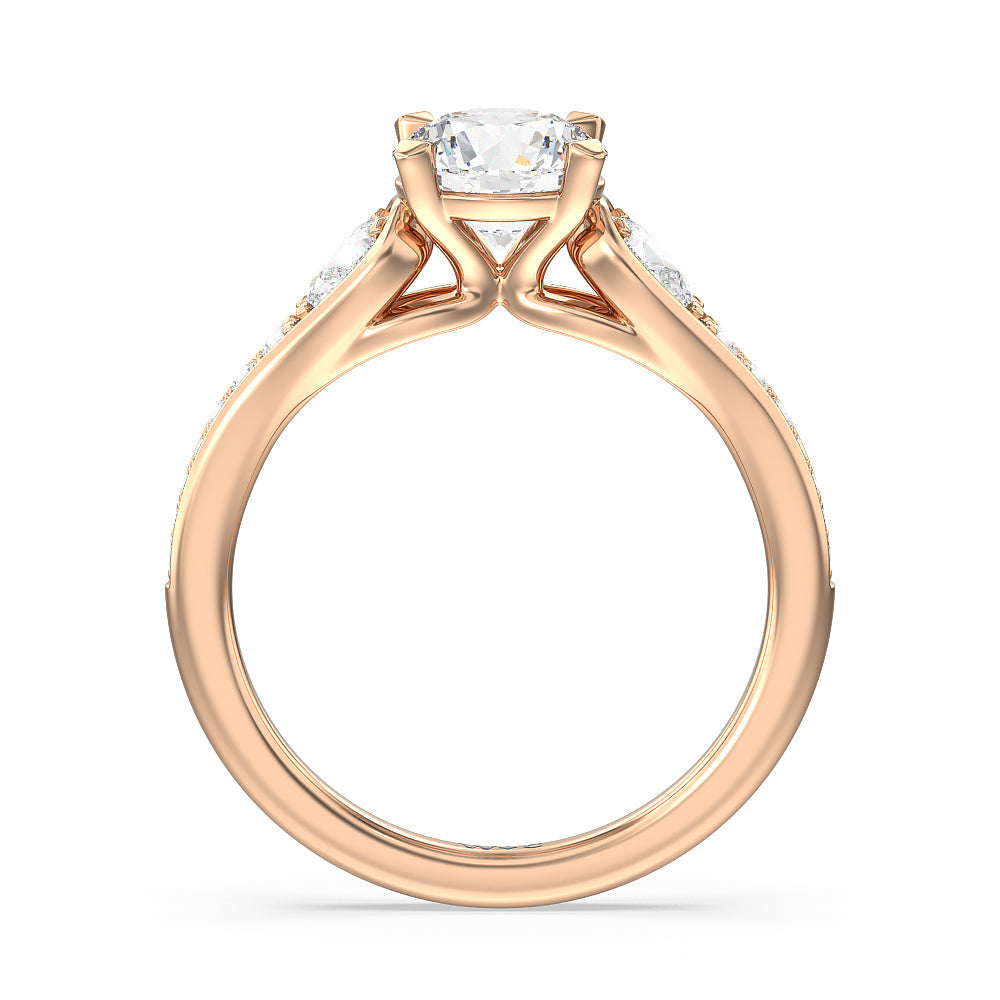 Three-Stone Pave Diamond Engagement Ring with Round Cut Diamond in 14KT Rose Gold view 2
