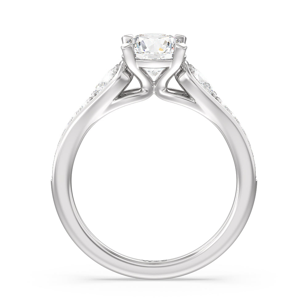 Three-Stone Pave Diamond Engagement Ring with Round Cut Diamond in 14KT Platinum view 2
