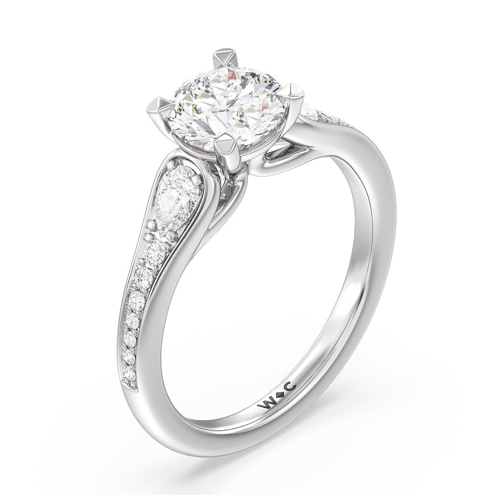 Three-Stone Pave Diamond Engagement Ring with Round Cut Diamond in 14KT Platinum view 3
