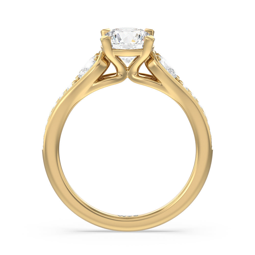 Three-Stone Pave Diamond Engagement Ring with Round Cut Diamond in 14KT Yellow Gold view 2
