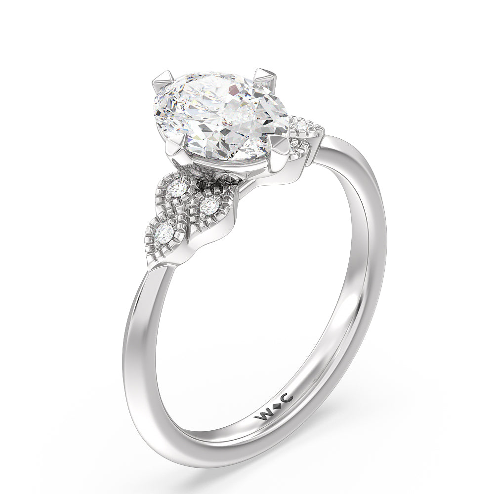 Vintage Knife Edge Side Stone Kite Set Engagement Ring with Oval Cut Diamond in 14KT Platinum view 3
