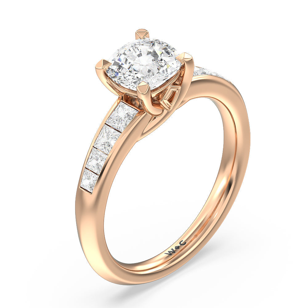 Classic Channel Set Princess Kite Basket Engagement Ring with Cushion Cut Diamond in 14KT Rose Gold view 3

