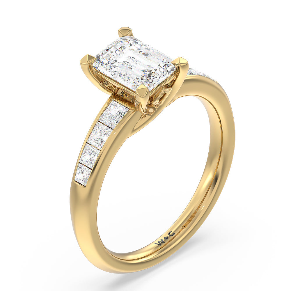Classic Channel Set Princess Kite Basket Engagement Ring with Emerald Cut Diamond in 14KT Yellow Gold view 3
