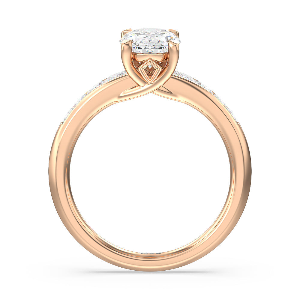 Classic Channel Set Princess Kite Basket Engagement Ring with Oval Cut Diamond in 14KT Rose Gold view 2
