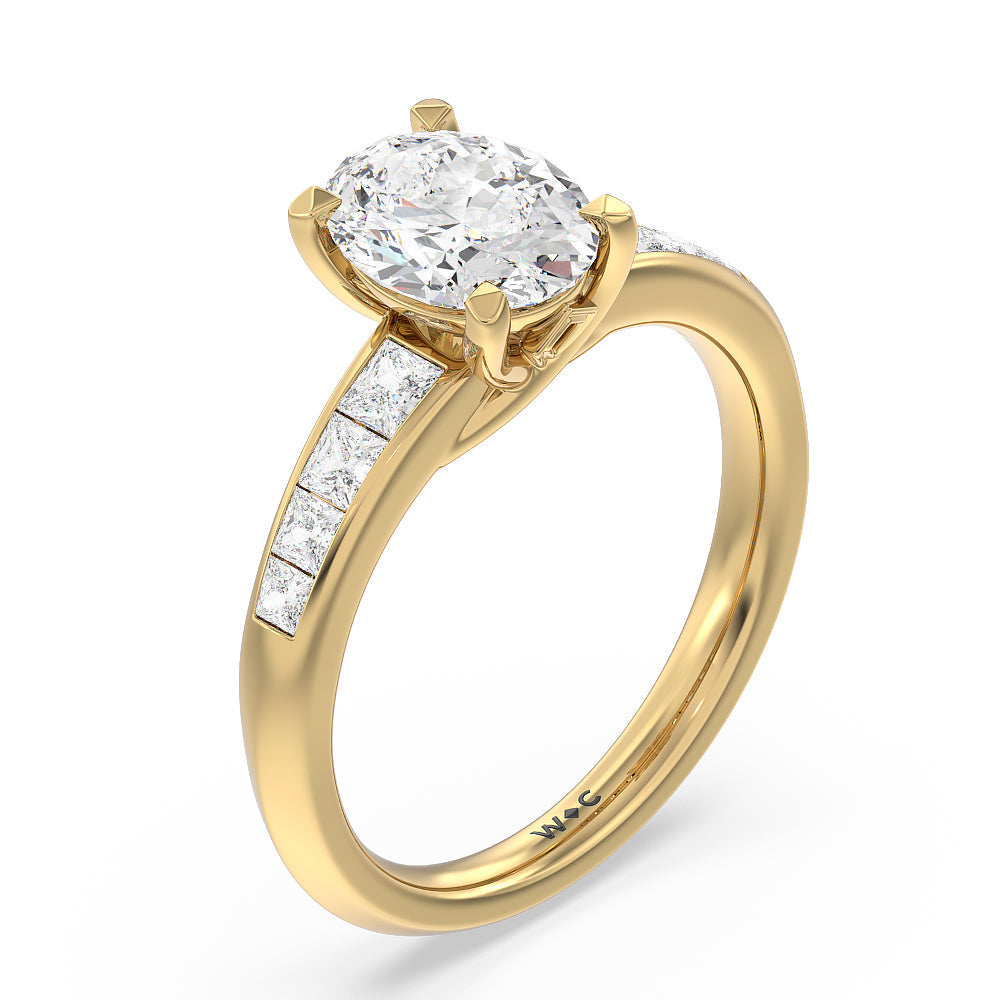 Classic Channel Set Princess Kite Basket Engagement Ring with Oval Cut Diamond in 14KT Yellow Gold view 3
