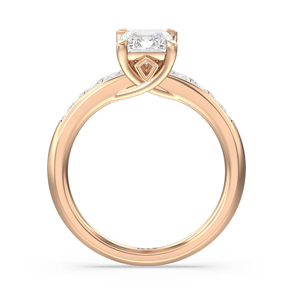 Classic Channel Set Princess Kite Basket Engagement Ring with Radiant Cut Diamond in 14KT Rose Gold view 2
