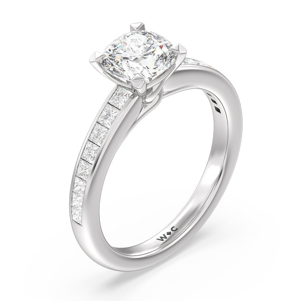 Classy Knot Basket Channel Set Princess Engagement Ring with Cushion Cut Diamond in 14KT Platinum view 3
