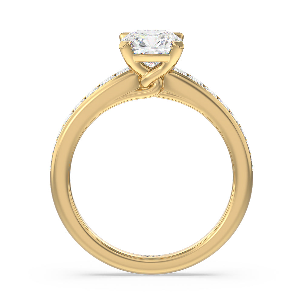 Classy Knot Basket Channel Set Princess Engagement Ring with Cushion Cut Diamond in 14KT Yellow Gold view 2

