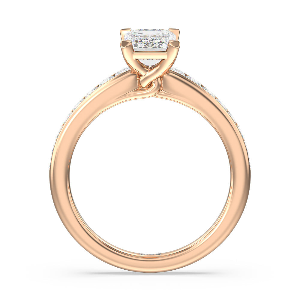 Classy Knot Basket Channel Set Princess Engagement Ring with Emerald Cut Diamond in 14KT Rose Gold view 2
