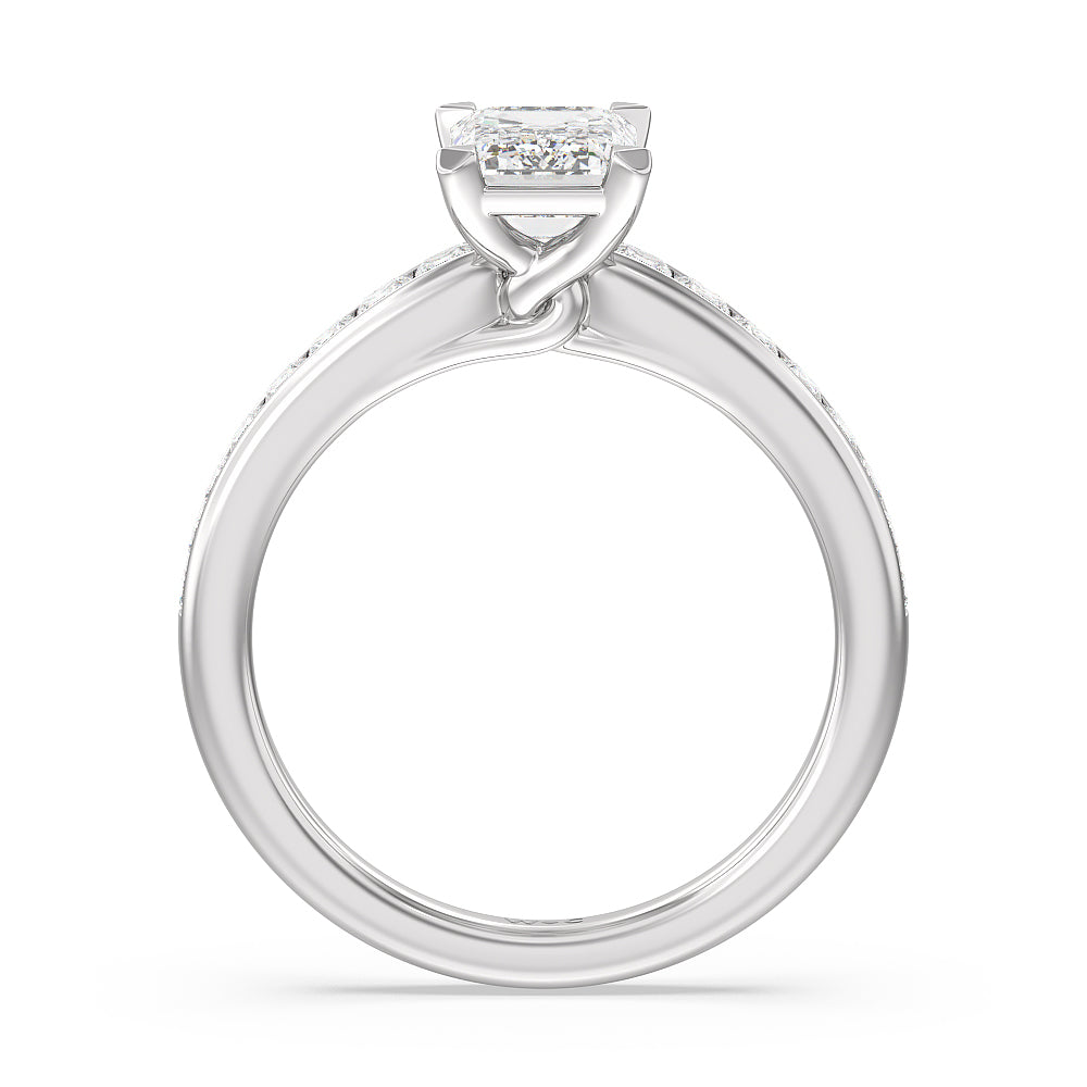 Classy Knot Basket Channel Set Princess Engagement Ring with Emerald Cut Diamond in 14KT Platinum view 2
