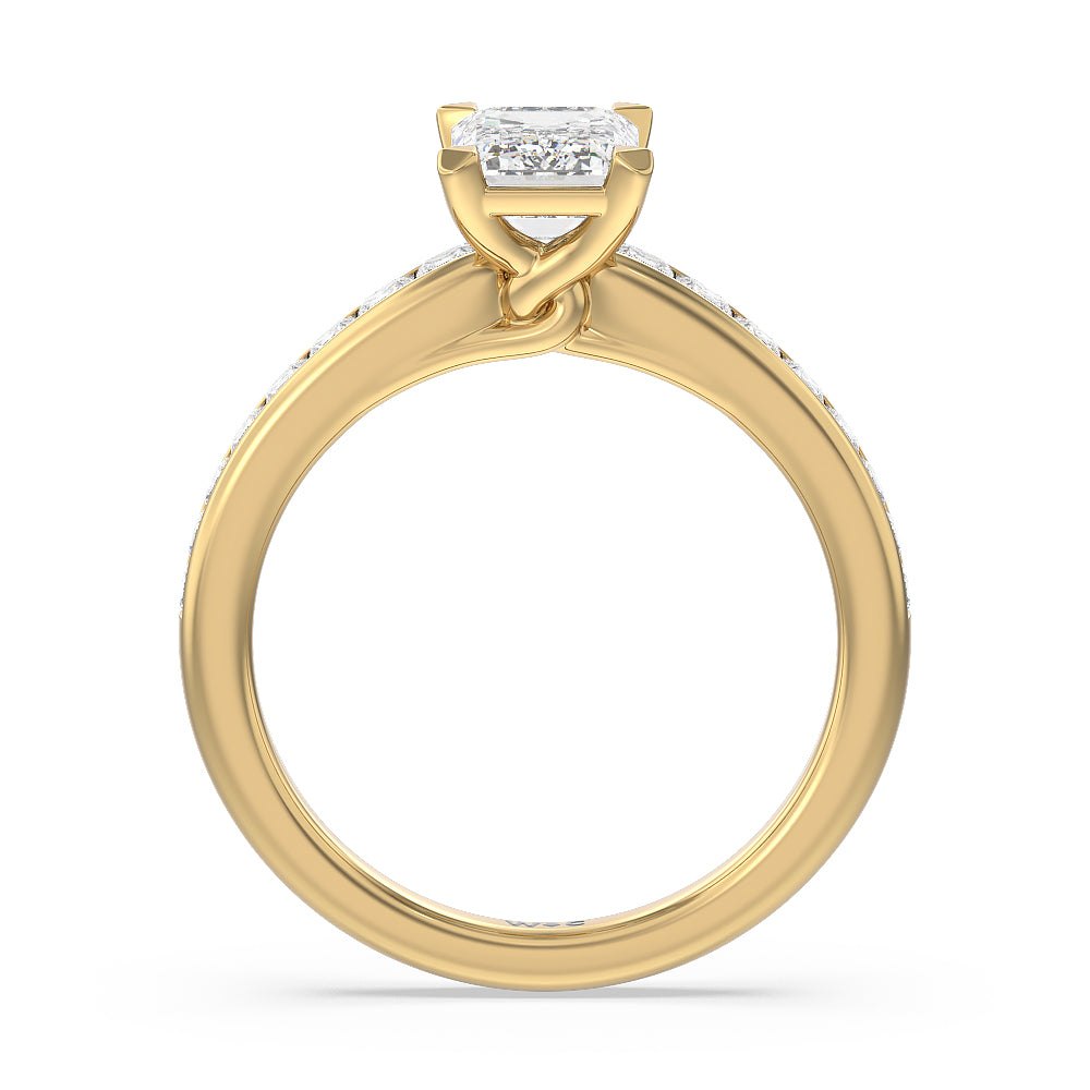 Classy Knot Basket Channel Set Princess Engagement Ring with Emerald Cut Diamond in 14KT Yellow Gold view 2
