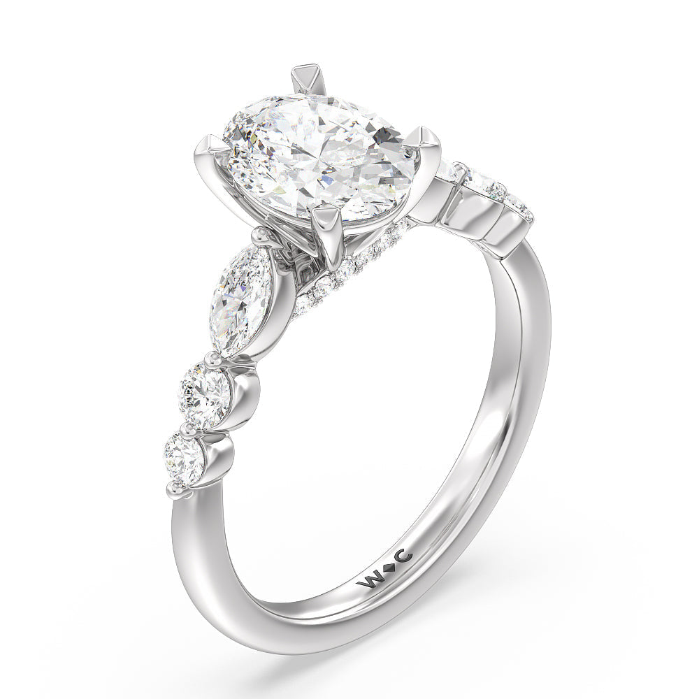 Glamorous Fancy Side Stones Cathedral Engagement Ring with Oval Cut Diamond in 14KT Platinum view 3
