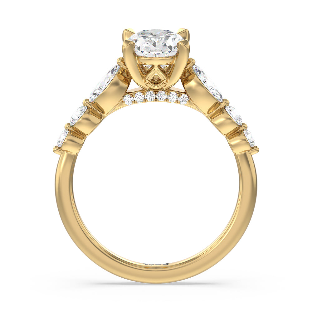 Glamorous Fancy Side Stones Cathedral Engagement Ring with Oval Cut Diamond in 14KT Yellow Gold view 2
