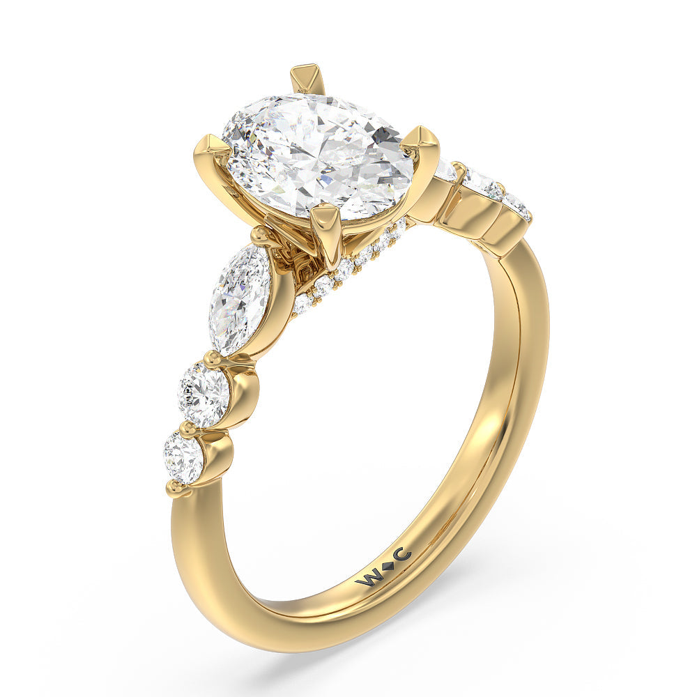 Glamorous Fancy Side Stones Cathedral Engagement Ring with Oval Cut Diamond in 14KT Yellow Gold view 3
