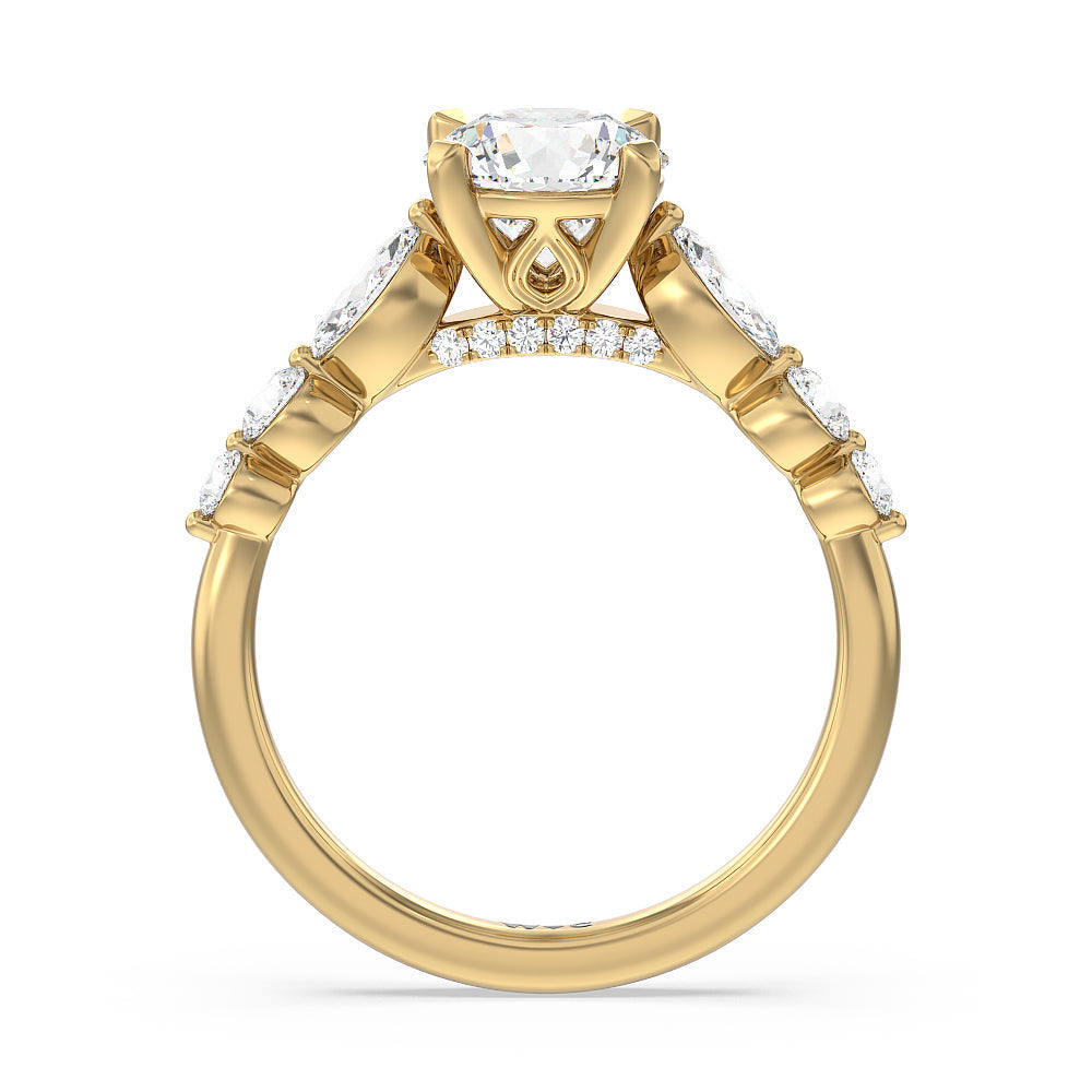 Glamorous Fancy Side Stones Cathedral Engagement Ring with Round Cut Diamond in 14KT Yellow Gold view 2
