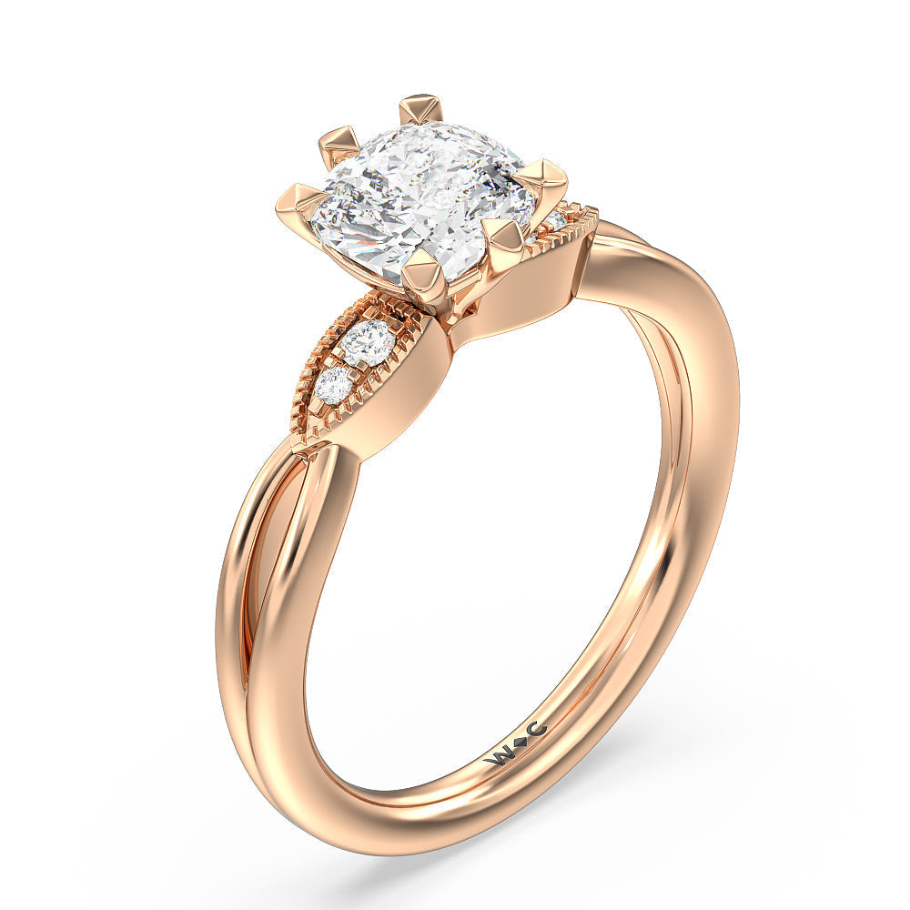 Cushion Cut Vintage Six Prong Side Stone Diamond Engagement Ring with Lab Grown Diamond in 14KT Rose Gold view 3
