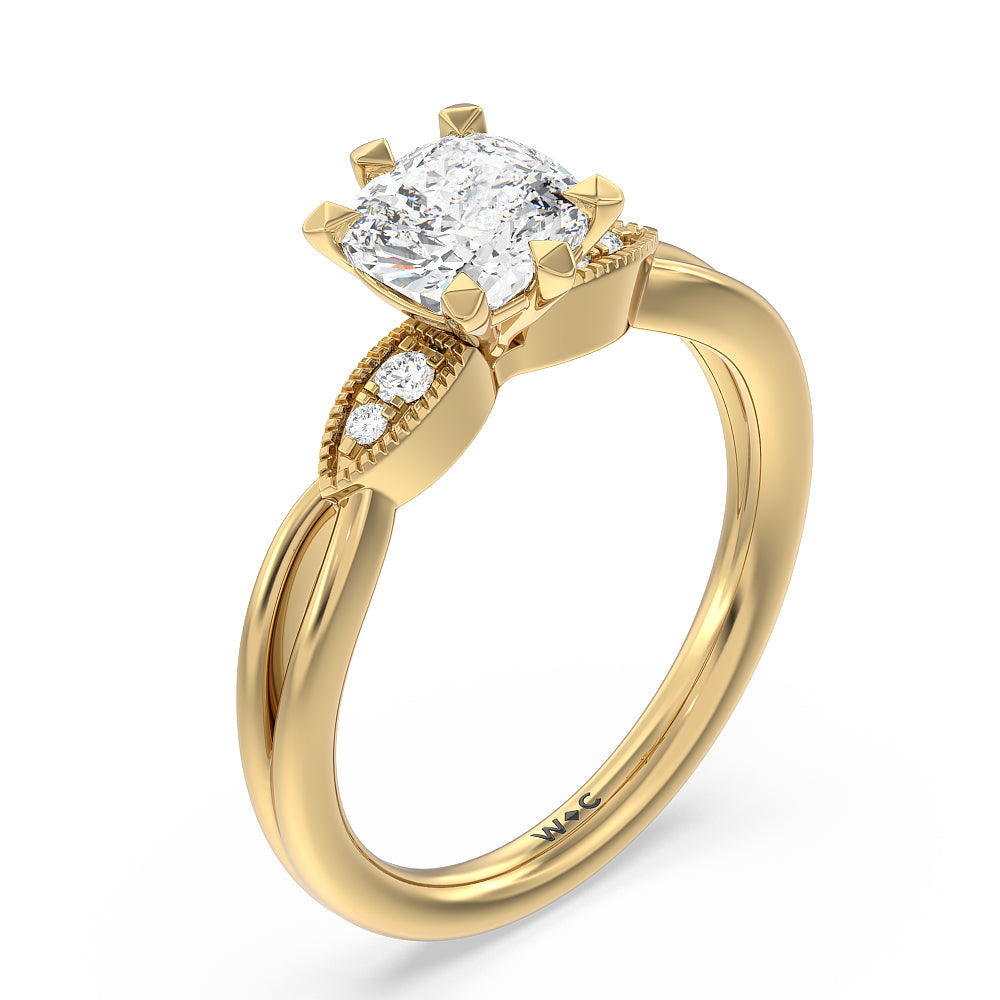 Cushion Cut Vintage Six Prong Side Stone Diamond Engagement Ring with Lab Grown Diamond in 14KT Yellow Gold view 3
