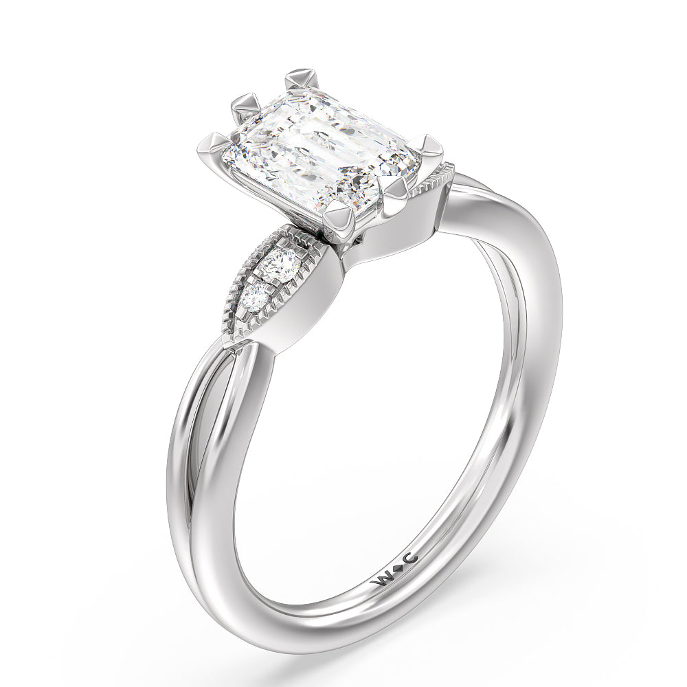 Emerald Cut Vintage Six Prong Side Stone Diamond Engagement Ring with Lab Grown Diamond in 14KT Platinum view 3
