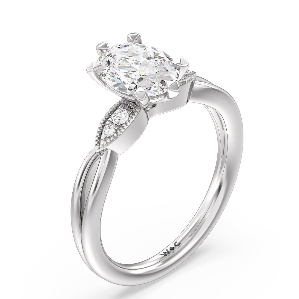 Oval Cut Vintage Six Prong Side Stone Diamond Engagement Ring with Lab Grown Diamond in 14KT Platinum view 3
