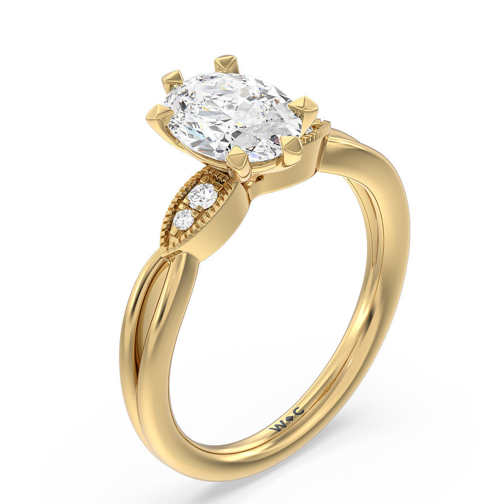 Oval Cut Vintage Six Prong Side Stone Diamond Engagement Ring with Lab Grown Diamond in 14KT Yellow Gold view 3
