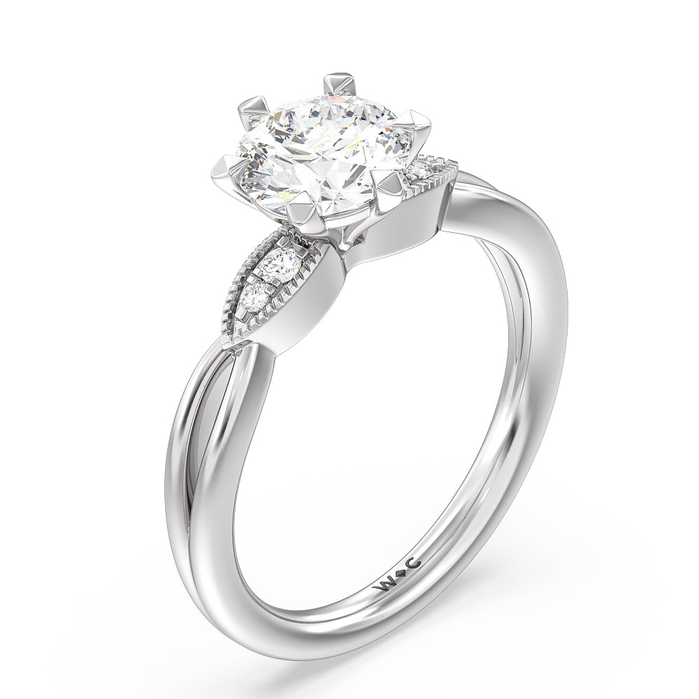 Round Cut Vintage Six Prong Side Stone Diamond Engagement Ring with Lab Grown Diamond in 14KT Platinum view 3
