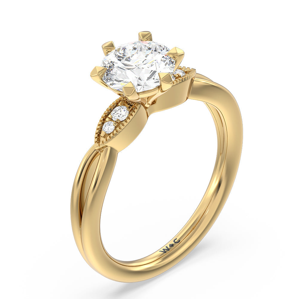 Round Cut Vintage Six Prong Side Stone Diamond Engagement Ring with Lab Grown Diamond in 14KT Yellow Gold view 3
