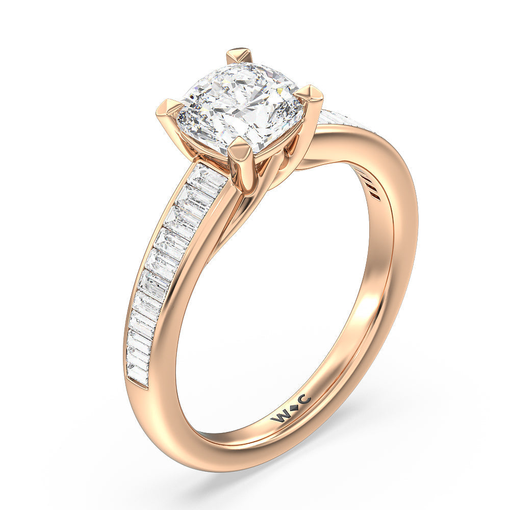 Cushion Cut Elegant Channel Set Baguette Engagement Ring with Lab Grown Diamond in 14KT Rose Gold view 3
