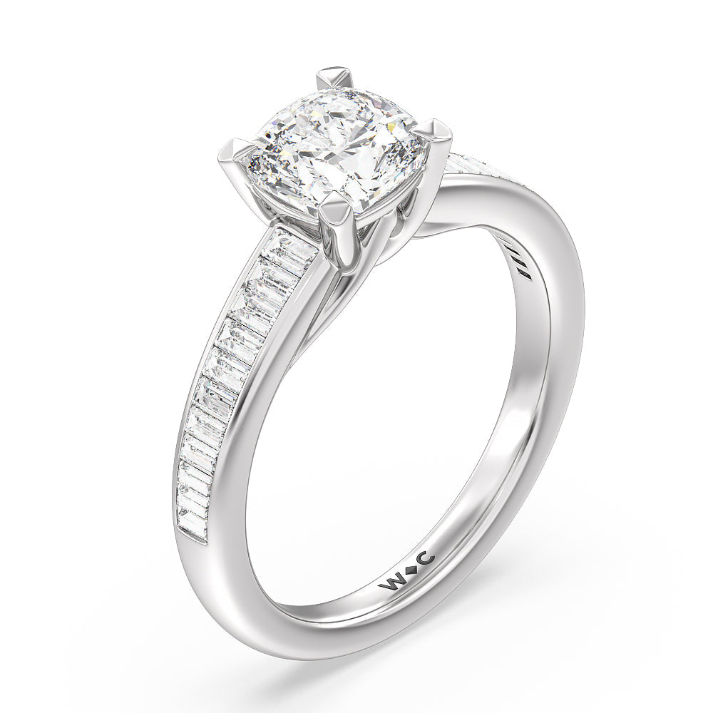 Cushion Cut Elegant Channel Set Baguette Engagement Ring with Lab Grown Diamond in 14KT Platinum view 3
