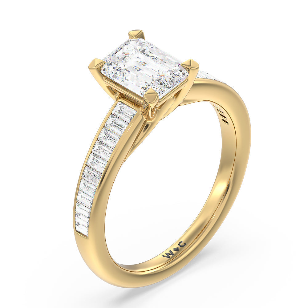 Emerald Cut Elegant Channel Set Baguette Engagement Ring with Lab Grown Diamond in 14KT Yellow Gold view 3
