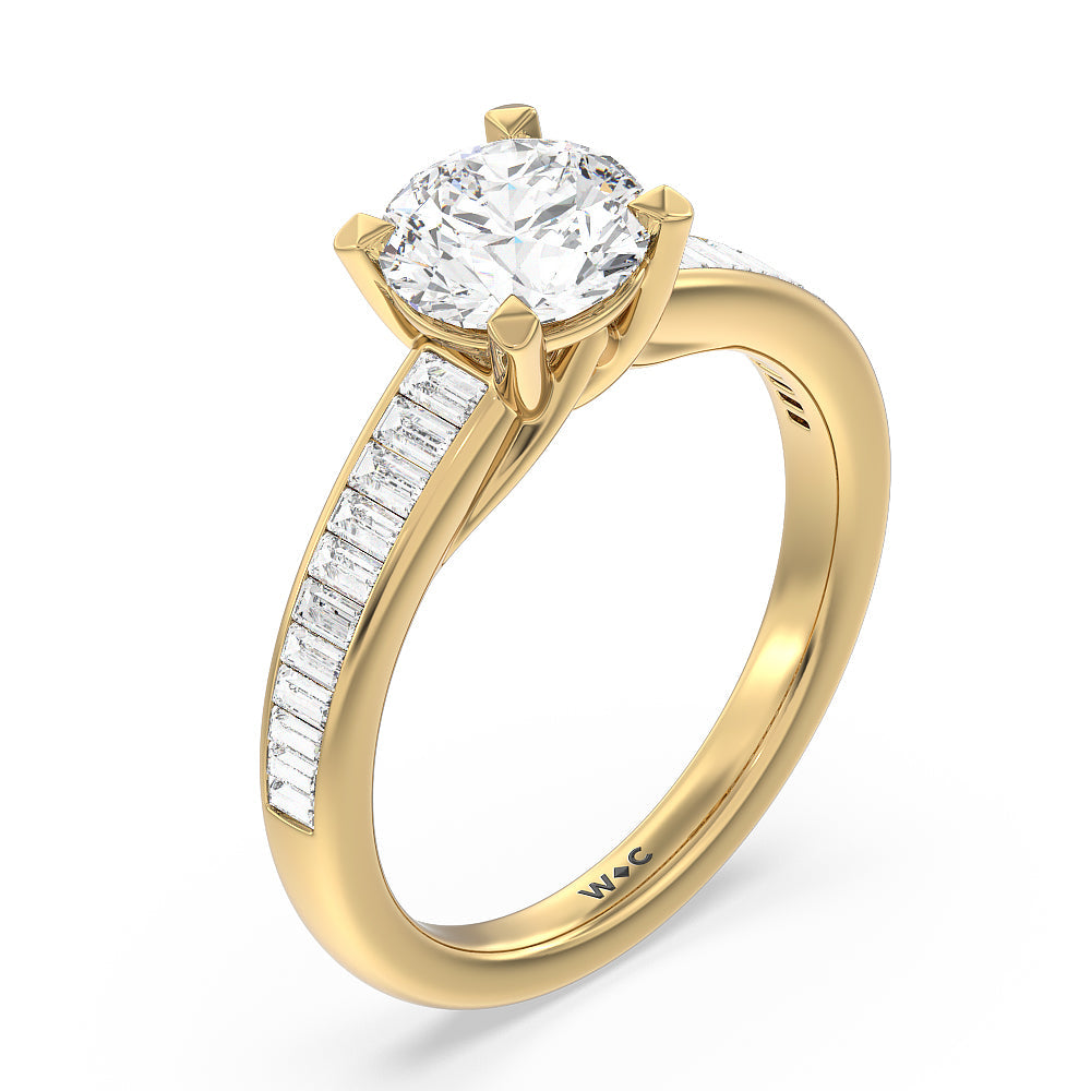 Round Cut Elegant Channel Set Baguette Engagement Ring with Lab Grown Diamond in 14KT Yellow Gold view 3
