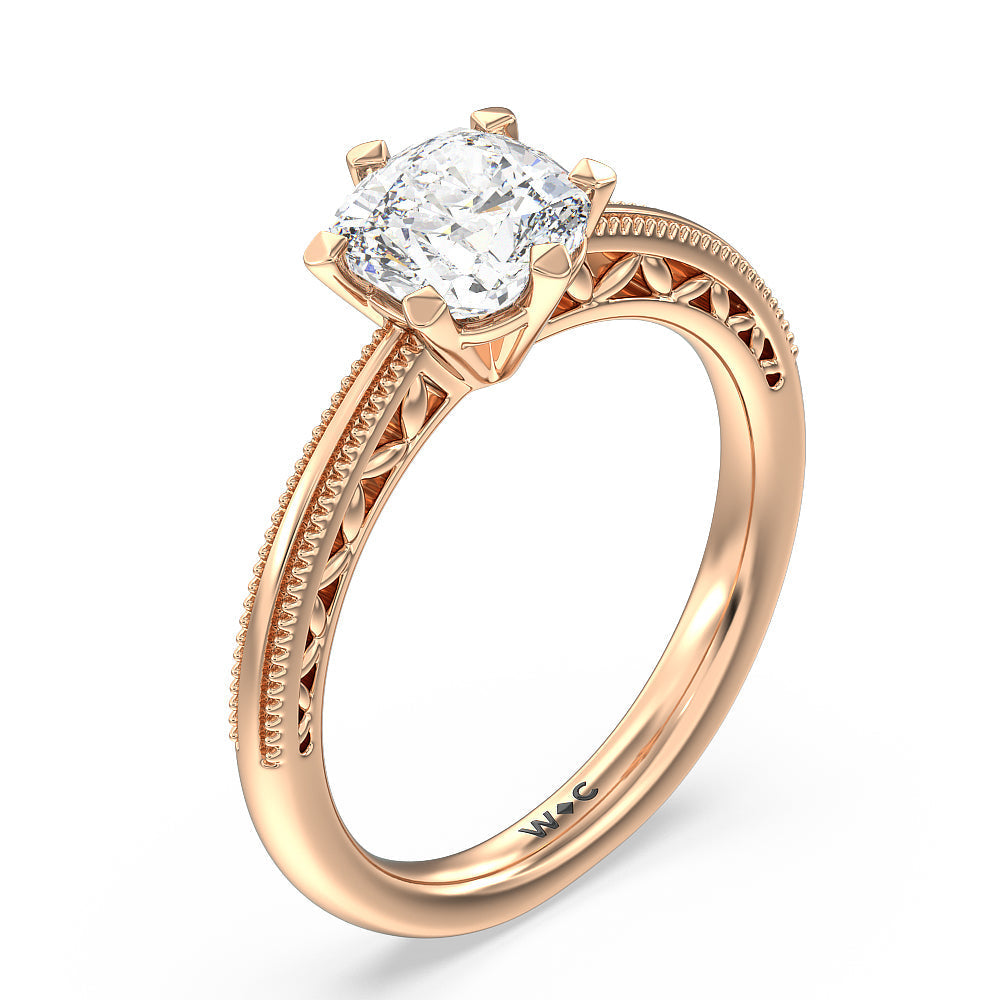 Cushion Cut Milgrain Filigree Solitaire Engagement Ring with Lab Grown Diamond in 14KT Rose Gold view 3
