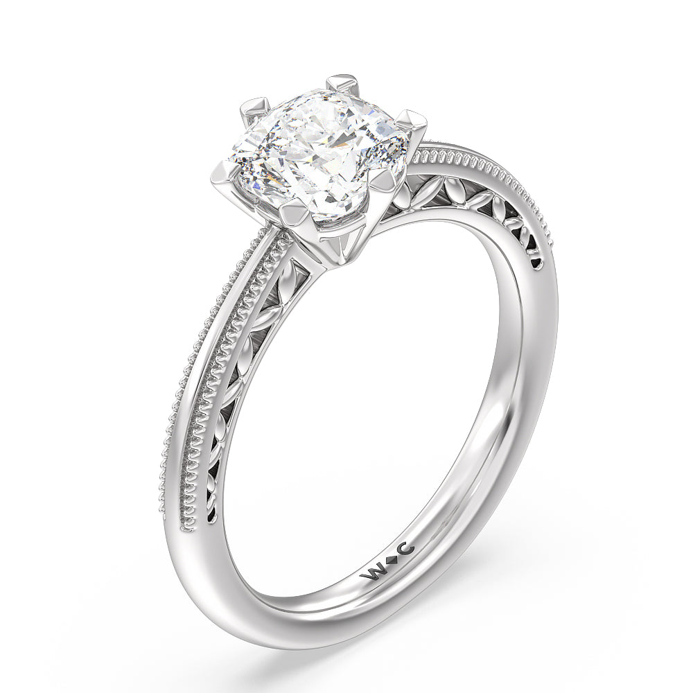 Milgrain Filigree Solitaire Engagement Ring with Cushion Cut Diamond in 14KT Platinum view 3
