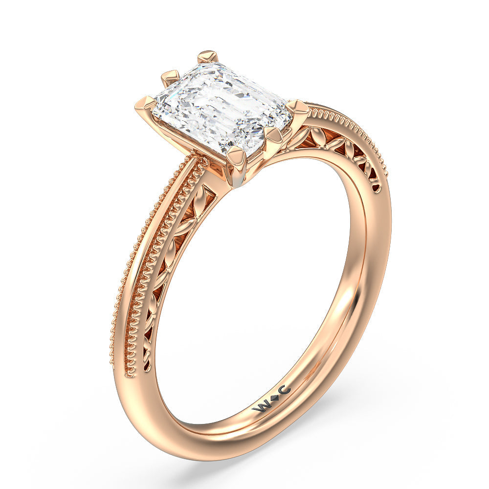 Emerald Cut Milgrain Filigree Solitaire Engagement Ring with Lab Grown Diamond in 14KT Rose Gold view 3

