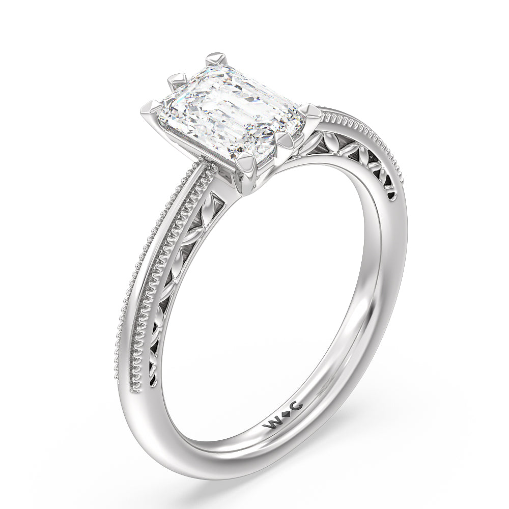 Emerald Cut Milgrain Filigree Solitaire Engagement Ring with Lab Grown Diamond in 14KT Platinum view 3
