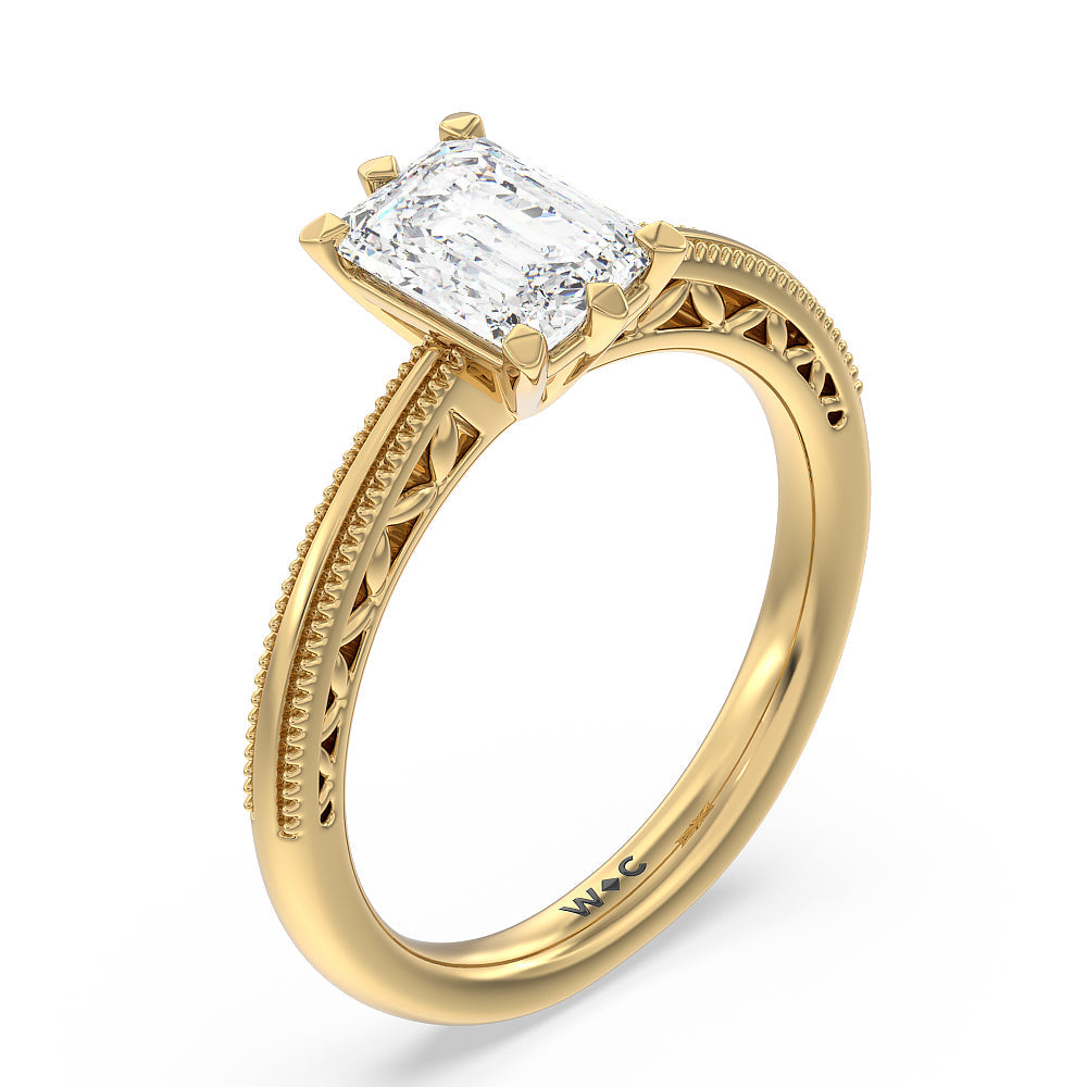 Emerald Cut Milgrain Filigree Solitaire Engagement Ring with Lab Grown Diamond in 14KT Yellow Gold view 3
