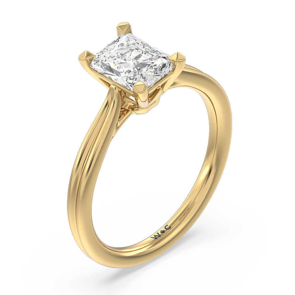 Grooved Taper Cathedral Solitaire Engagement Ring with Radiant Cut Diamond in 14KT Yellow Gold view 3
