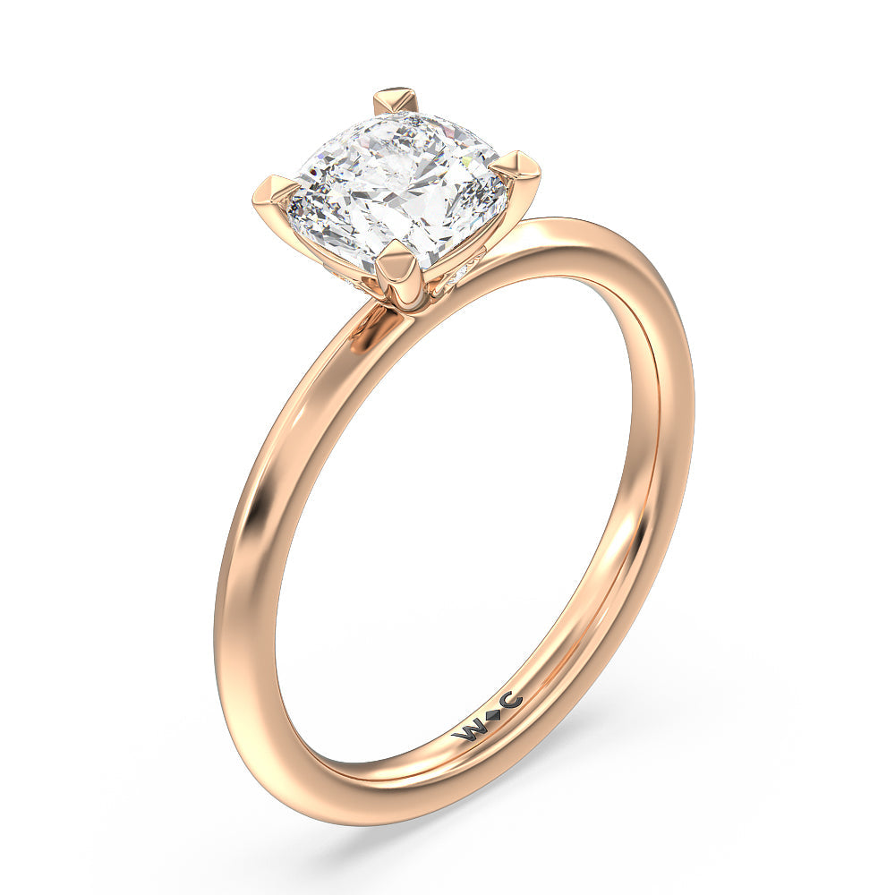 Knife Edge Shank Studded Kite Basket Solitaire Engagement Ring with Cushion Cut Diamond in 14KT Rose Gold view 3
