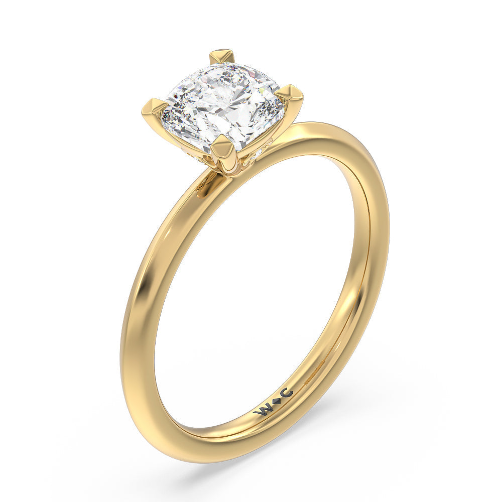 Knife Edge Shank Studded Kite Basket Solitaire Engagement Ring with Cushion Cut Diamond in 14KT Yellow Gold view 3
