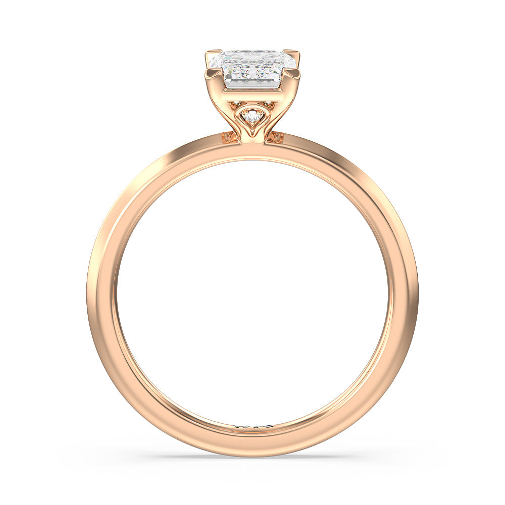 Knife Edge Shank Studded Kite Basket Solitaire Engagement Ring with Emerald Cut Diamond in 14KT Rose Gold view 2
