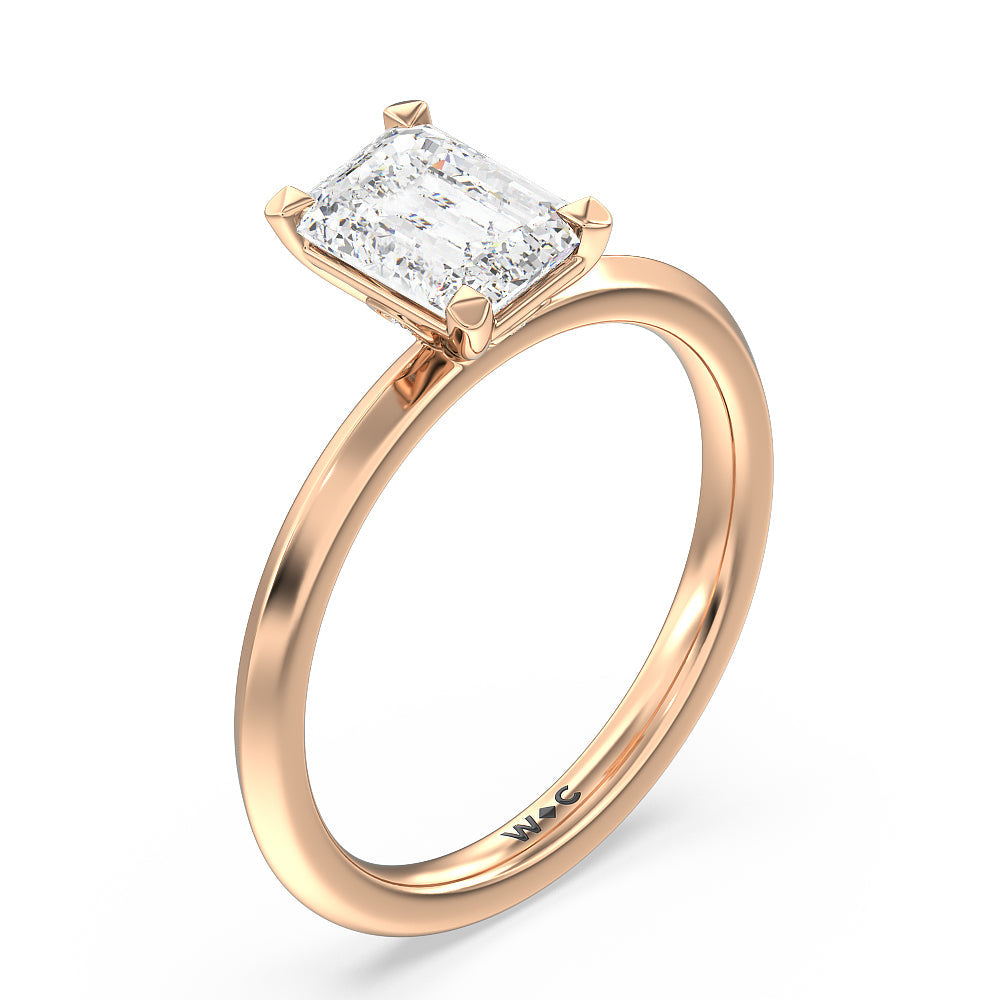 Knife Edge Shank Studded Kite Basket Solitaire Engagement Ring with Emerald Cut Diamond in 14KT Rose Gold view 3
