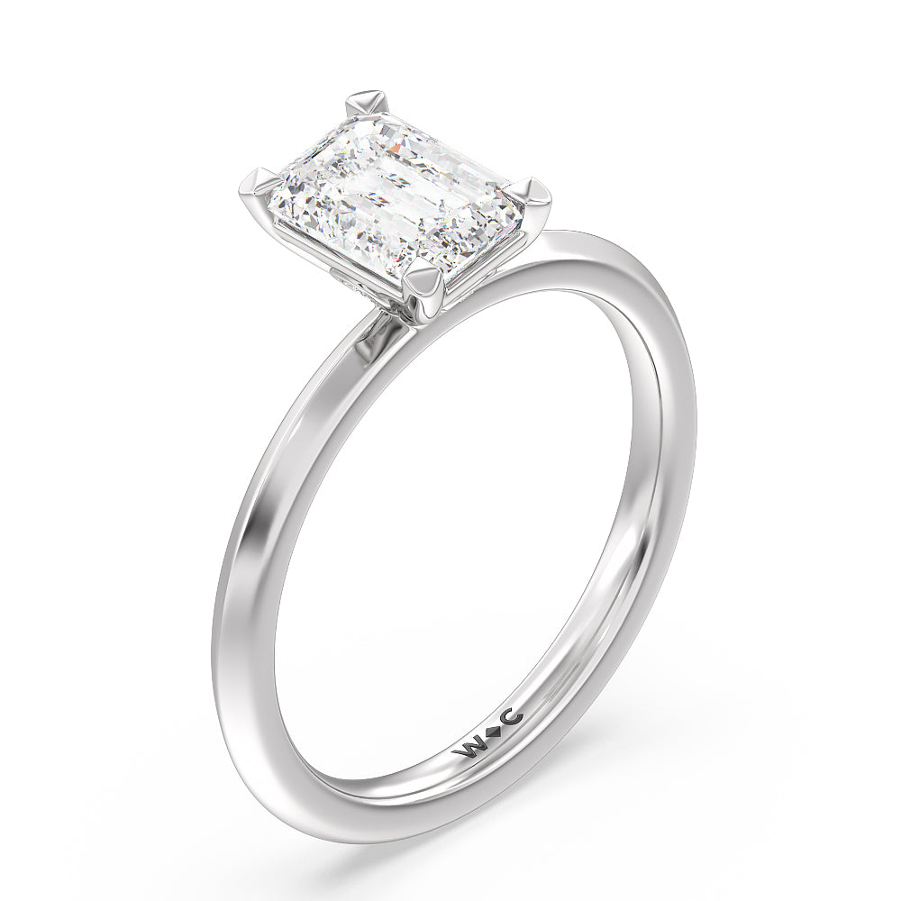 Knife Edge Shank Studded Kite Basket Solitaire Engagement Ring with Emerald Cut Diamond in 14KT Platinum view 3
