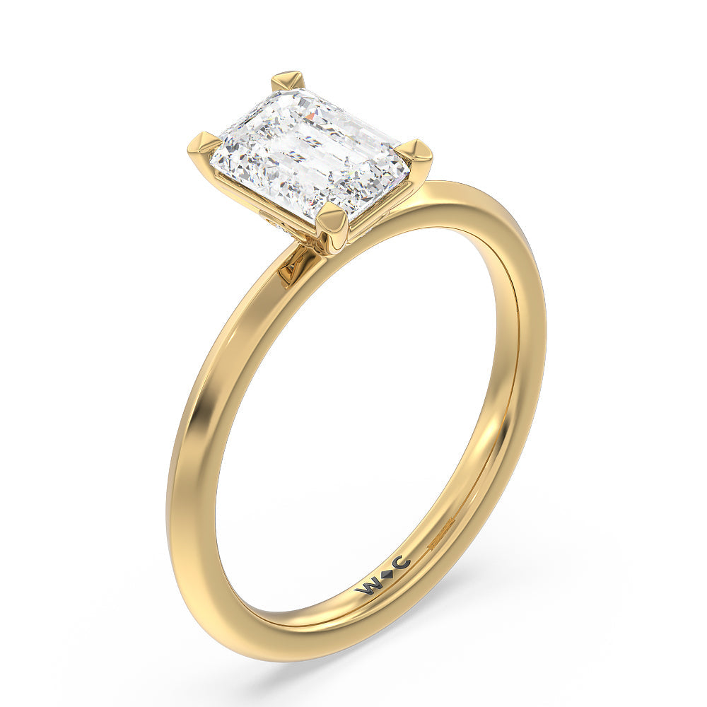 Knife Edge Shank Studded Kite Basket Solitaire Engagement Ring with Emerald Cut Diamond in 14KT Yellow Gold view 3
