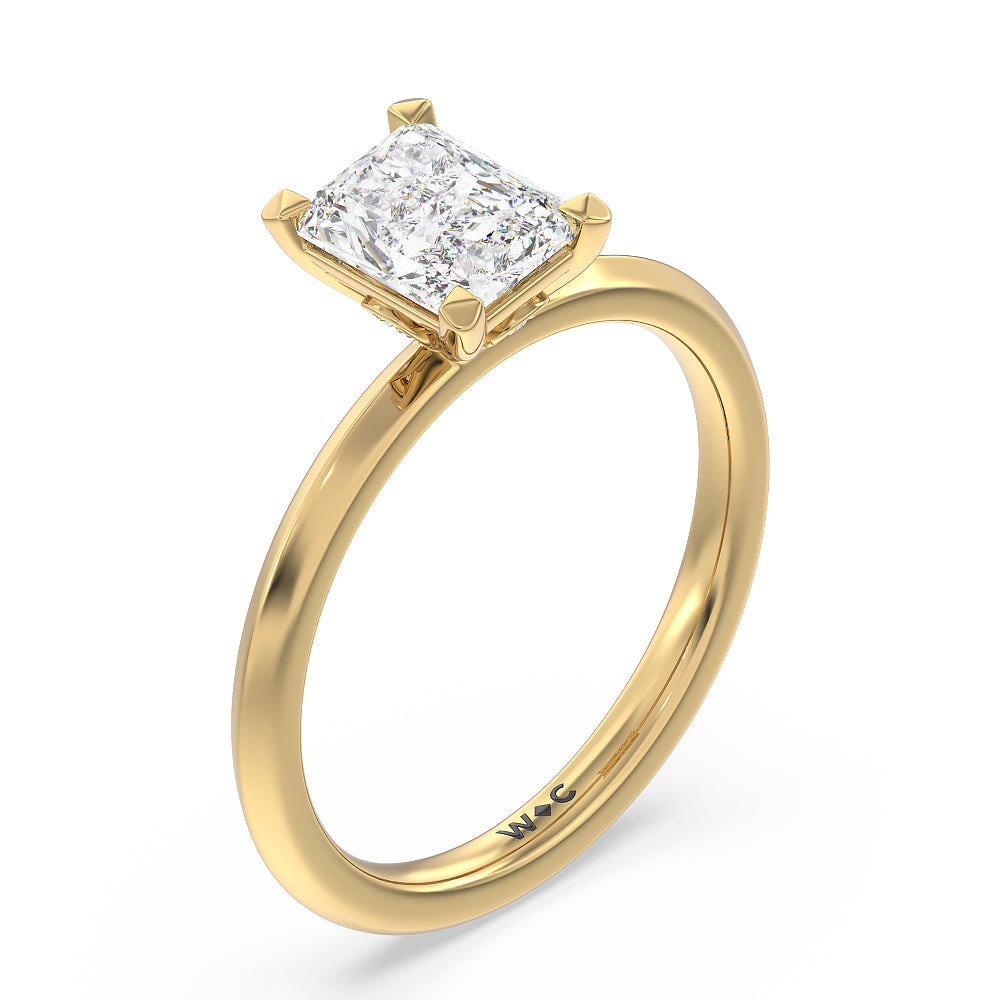 Knife Edge Shank Studded Kite Basket Solitaire Engagement Ring with Radiant Cut Diamond in 14KT Yellow Gold view 3
