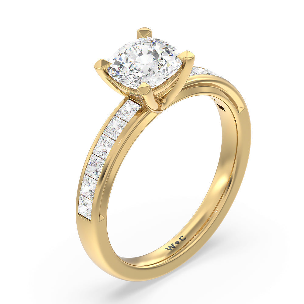 Channel Set Princess Classic Engagement Ring with Cushion Cut Diamond in 14KT Yellow Gold view 3
