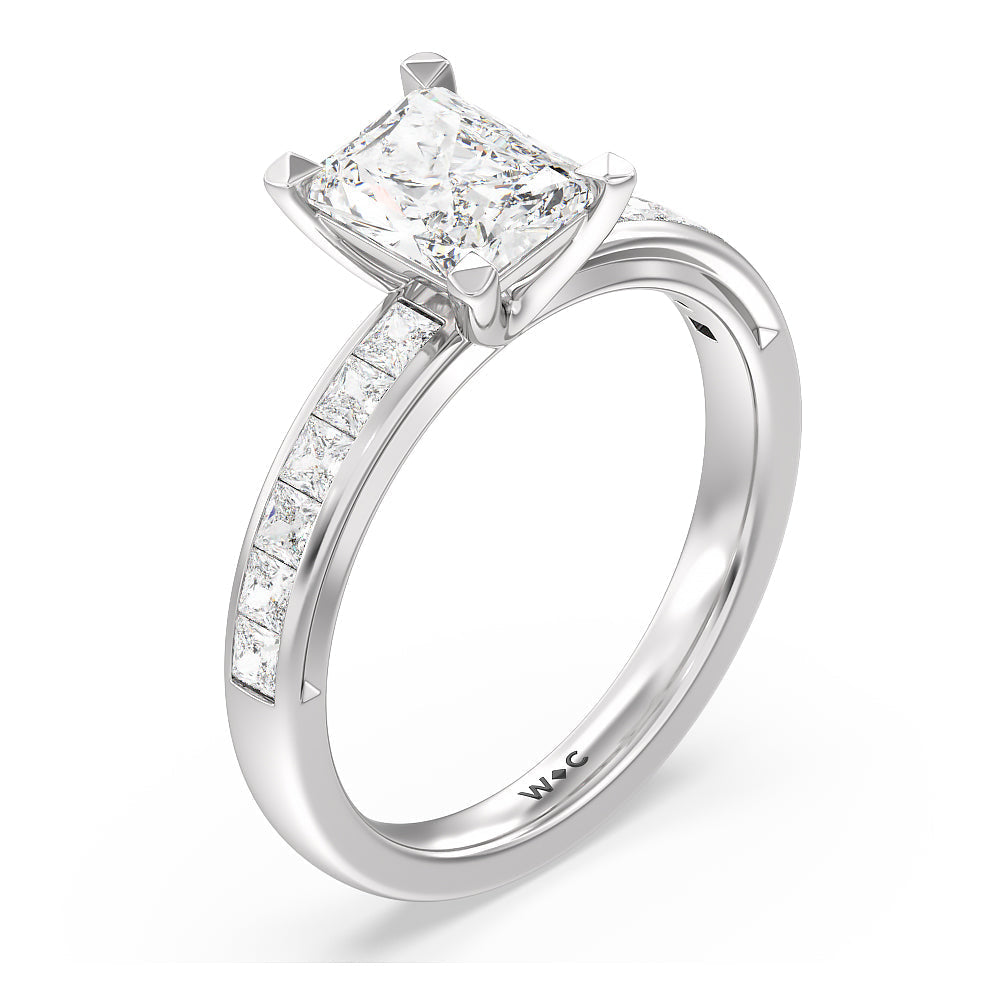 Channel Set Princess Classic Engagement Ring with Radiant Cut Diamond in 14KT Platinum view 3
