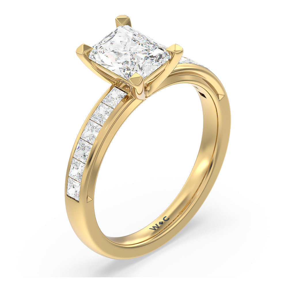 Channel Set Princess Classic Engagement Ring with Radiant Cut Diamond in 14KT Yellow Gold view 3
