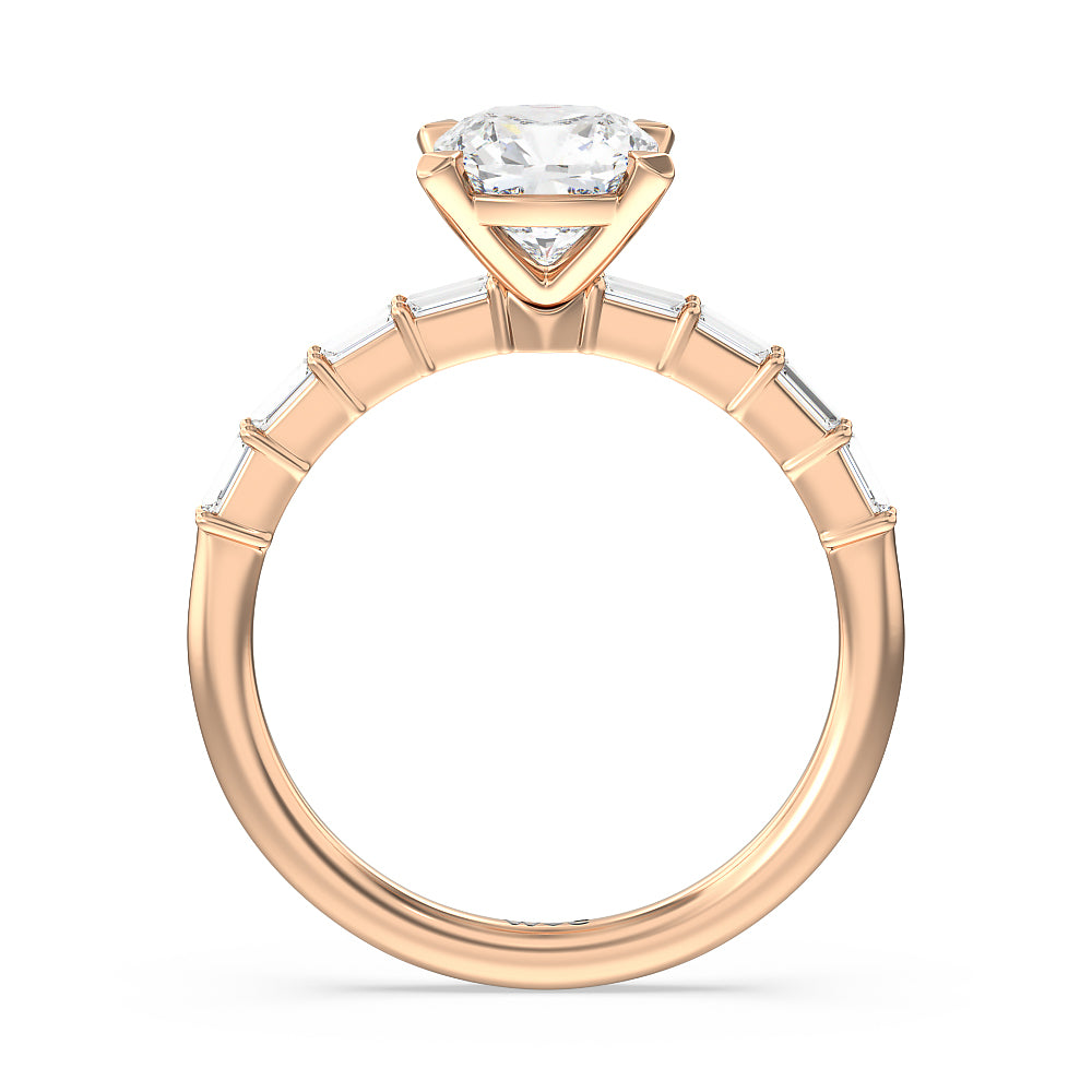 Cushion Cut Petite Baguette Studded Engagement Ring with Lab Grown Diamond in 14KT Rose Gold view 3
